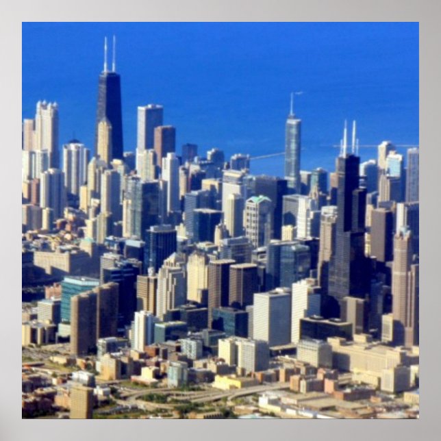 Póster Vista aérea do Centro de Chicago com o lago (Frente)