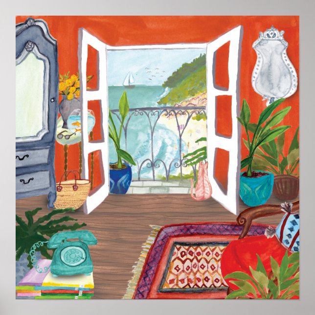 Poster Vista da Arte de Aquarela Interior do Apartamento  (Frente)