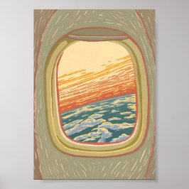 Poster Vista da Janela do Avião Antigo Pôr do Sol Nuvens 