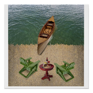 Póster Vista da praia com delícias de vinho e queijo