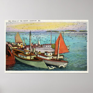 Póster Vista de gaivota e de navios de mar no cais