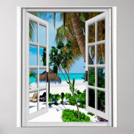 Póster Vista de janela artificial de praia relaxante