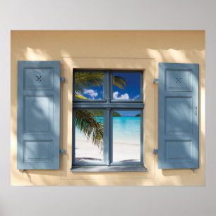 Póster Vista de janela falsa de casa rústica praia tropic