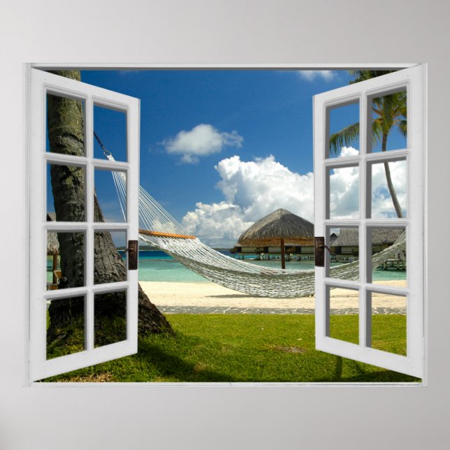 Póster Vista de janela falsa de praia tropical (Frente)