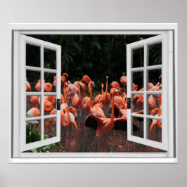 Poster Vista de janela falsa Flamingos Rosa 