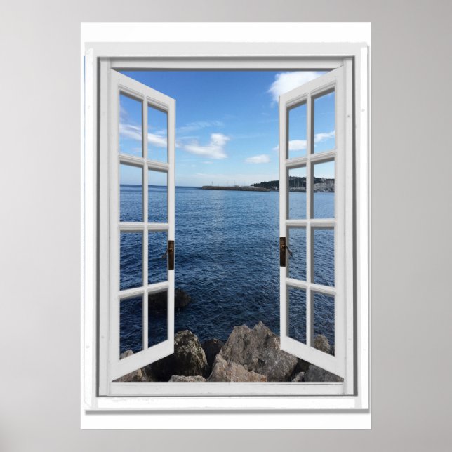 Poster Vista de Mar Calmo Trompe l'oeil Janela Falsa (Frente)