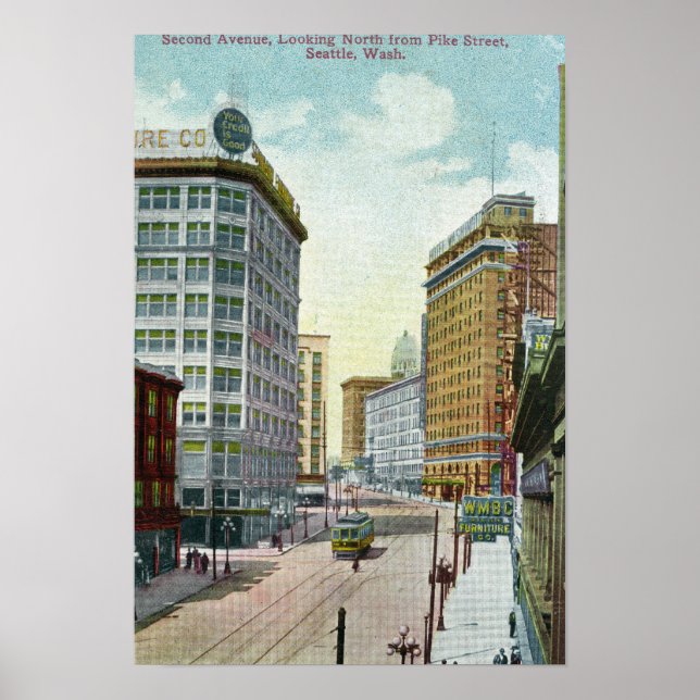Poster Vista de norte do Second Ave da rua Pike (Frente)
