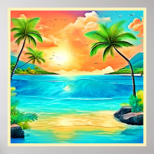 Poster Vista de Praia de Paraíso Sunset Tropical