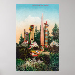 Póster Vista de sepulturas e de Totempoles indianos
