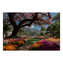 Póster Vista do Jardim Paradisíaco da Árvore Florida Vibr