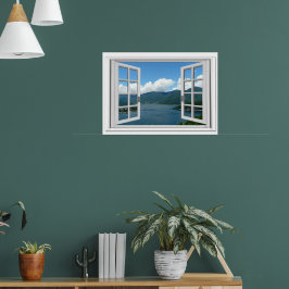 Póster Vista do Lago da Montanha Trompe l'oeil Janela Fal