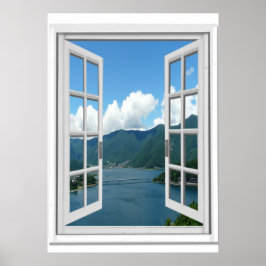 Póster Vista do Lago da Montanha Trompe l'oeil Janela Fal
