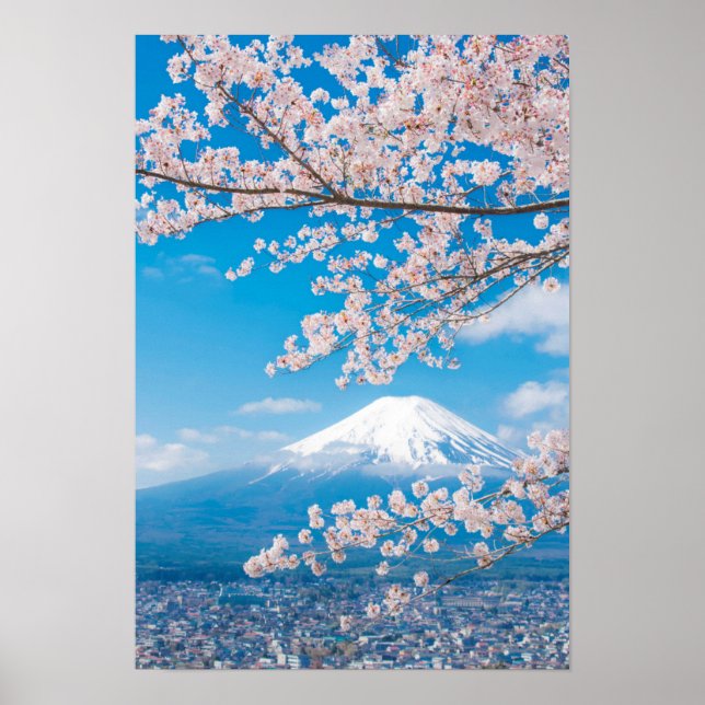 Poster Vista do Monte Fuji com os Blossomas de Cereja (Frente)
