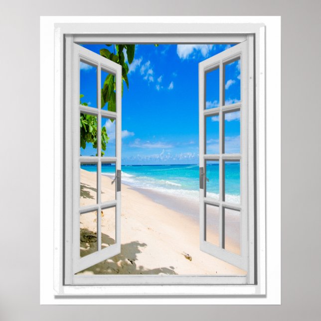 Póster Vista do Oceano da Praia Tropical Janela Falsa (Frente)