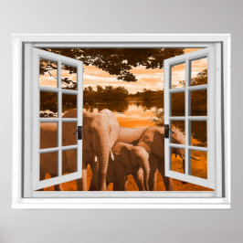 Póster Vista do pôr do sol com elefantes Trompe l'oeil Ja
