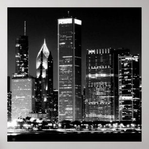 Poster Vista noturna da famosa paisagem urbana de Chicago