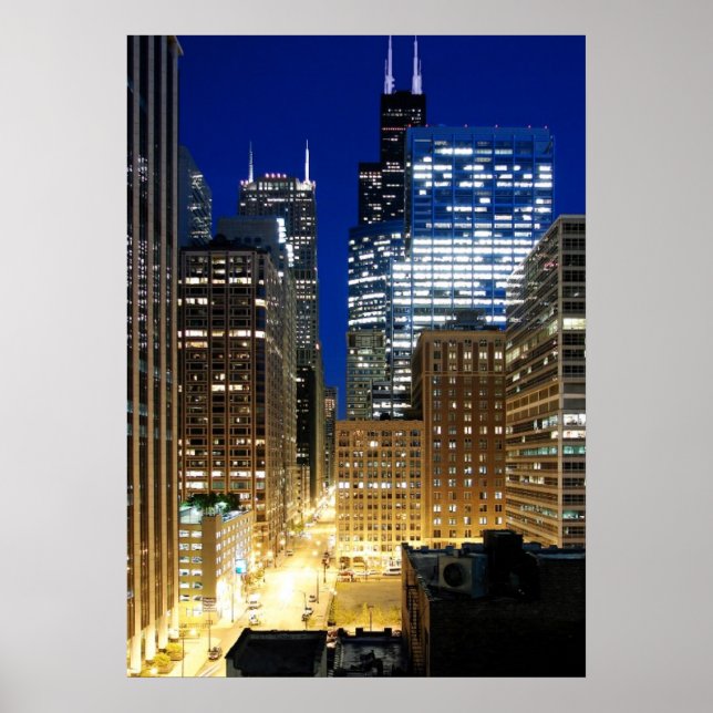 Poster Vista noturna da paisagem urbana de Chicago (Frente)