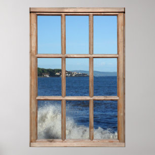 Póster Vista para o mar de uma janela com pulverizador de
