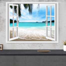 Poster Vista Tranquila 3D de Mar e Praia na Janela