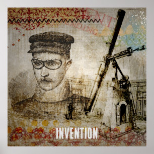 Poster Vitoriano Steampunk Inventor Scientist Telescope