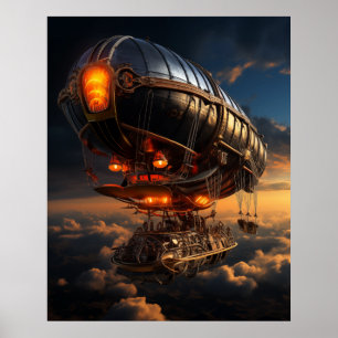 Poster Vitoriano Zeppelin Sunset: Steampunk Fantasy Art