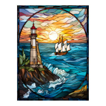 Vitral de Farol e Navio à Vela