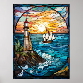 Poster Vitral de Farol e Navio à Vela