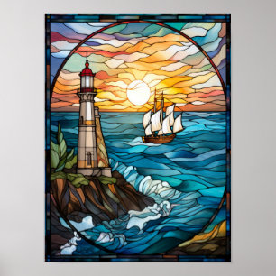 Poster Vitral de Farol e Navio à Vela
