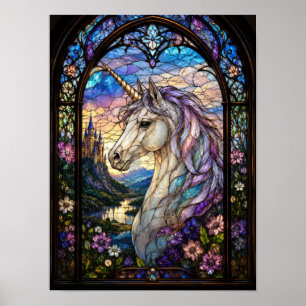 Poster Vitral de Unicórnio Janela Fantasia Arte Catedral