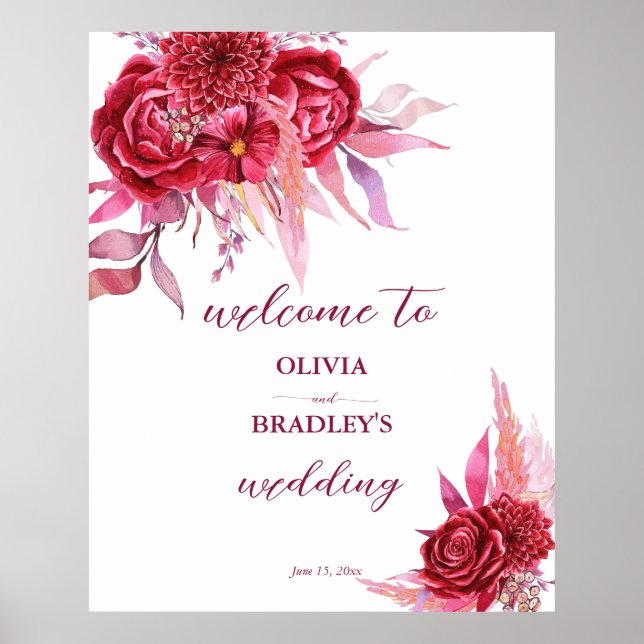 Poster Viva magenta rosa burgundi flores sinal de boas-vi (Frente)