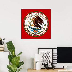 Poster Viva México Ícone da Bandeira Mexicana c/ Texto em