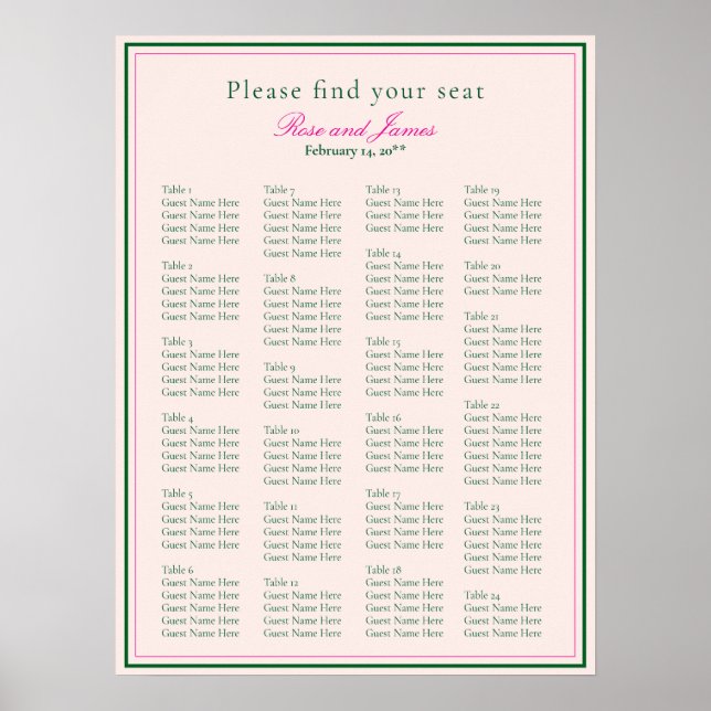 Poster Vivid Pink Wedding Seating Chart (Frente)