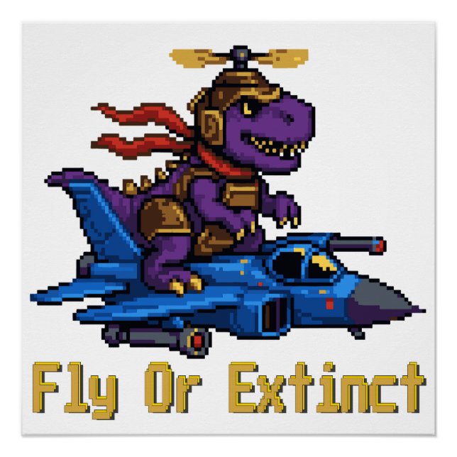 Póster Voa Ou Dinossauro de Pixel Art Extinto Piloto Caça (Frente)