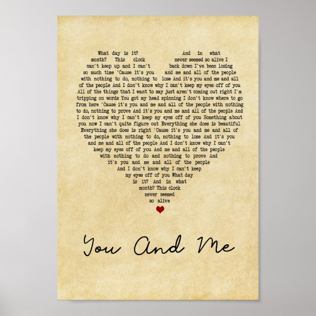 Poster Você E Eu Vintage Heart Song Lyric Wall Art Impres (Frente)
