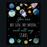 Poster Você É Minha Lua Solar Estrelas Espaço Azul E Dour<br><div class="desc">Este adorável design apresenta planetas coloridos com estrelas falsas de folha de ouro.</div>