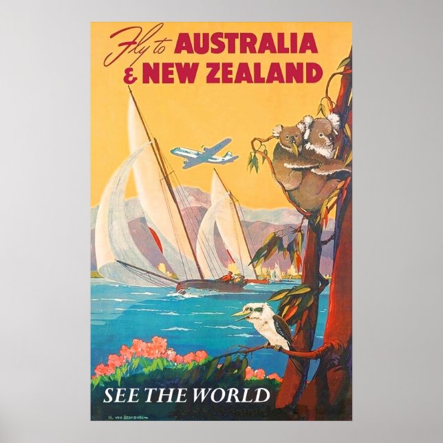 Poster Voe para a Austrália e Nova Zelândia, veja o mundo (Frente)