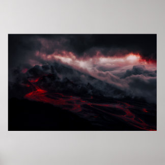 Poster Volcanic Eruption Lava Rivers Night Landscape