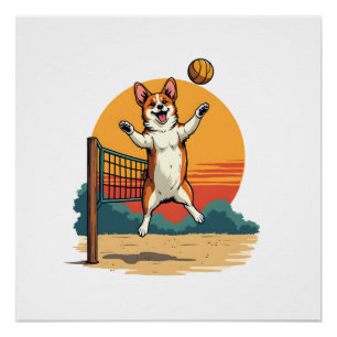 Póster Volei Corgi Vintage Ilustração Vetorial Pôr do Sol