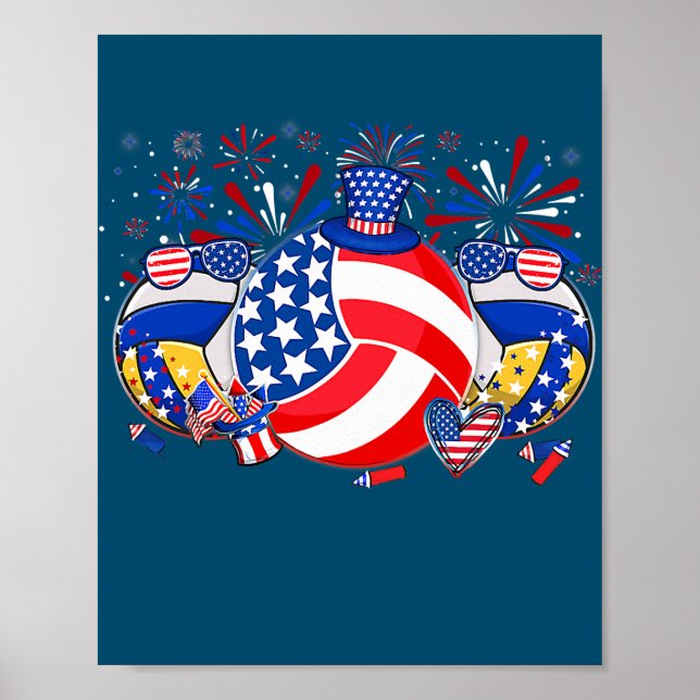 Poster Volleyball USA Flag Hat Fireworks Patriotic 4th (Frente)