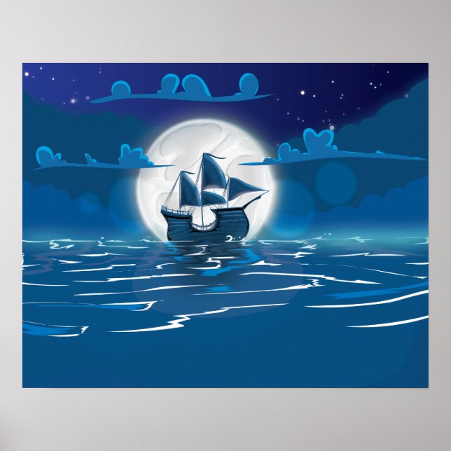 Poster Voo de navio Wooden Sail em lua (Frente)