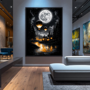 Poster Voo Moonlit Encantado - Balão de Ar Quente Vintage