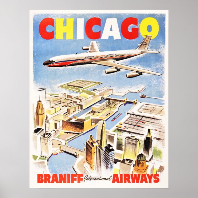 Poster Voo para CHICAGO ILLINOIS EUA Retro Airlines Viage (Frente)