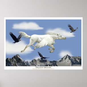 Póster Vôo Pegasus na arte da fantasia das montanhas de