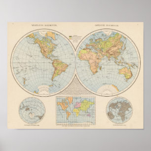 Póster W, mapa do mundo de E Halbkugel