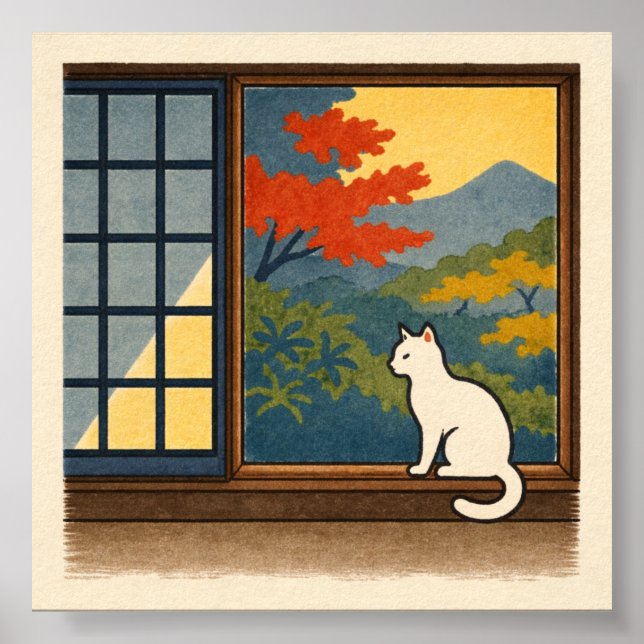 Poster Wa – Quiet Window with White Cat (Frente)