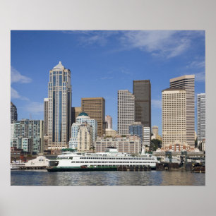 Póster WA, Seattle, panorama de Seattle com balsa