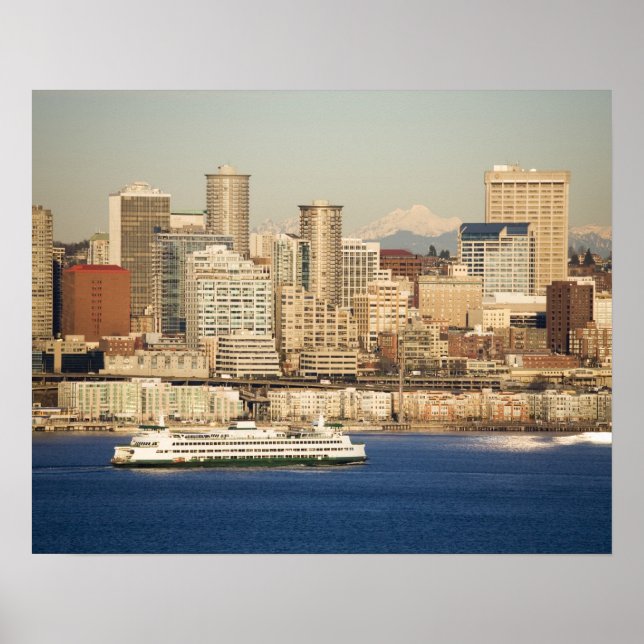 Poster WA, Seattle, panorama de Seattle e Elliott Bay (Frente)