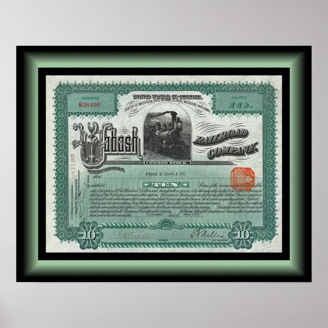 Poster Wabash Railroad Company Stock Certificate ~ 1912 (Frente)
