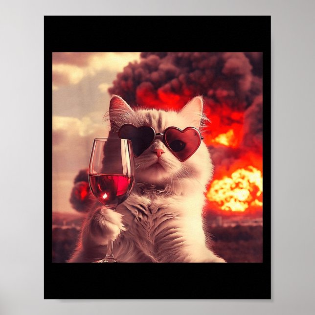 Poster Wacky Cat Holding Wine Selfi With Fire Funny Sungl (Frente)