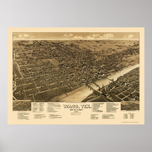 Póster Waco, Mapa Panorâmico TX - 1886 (Frente)